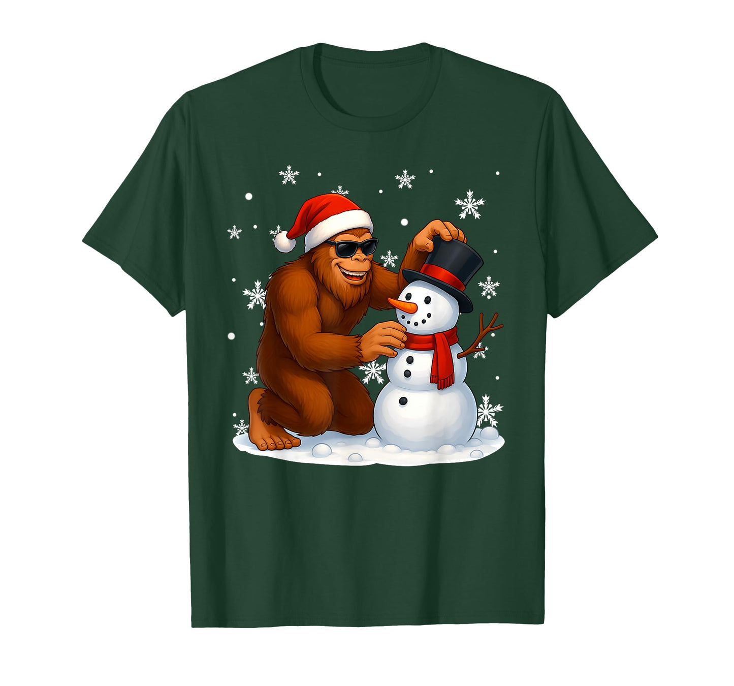 Bigfoot Building Snowman Christmas Tree Lights Christmas PJS T-Shirt