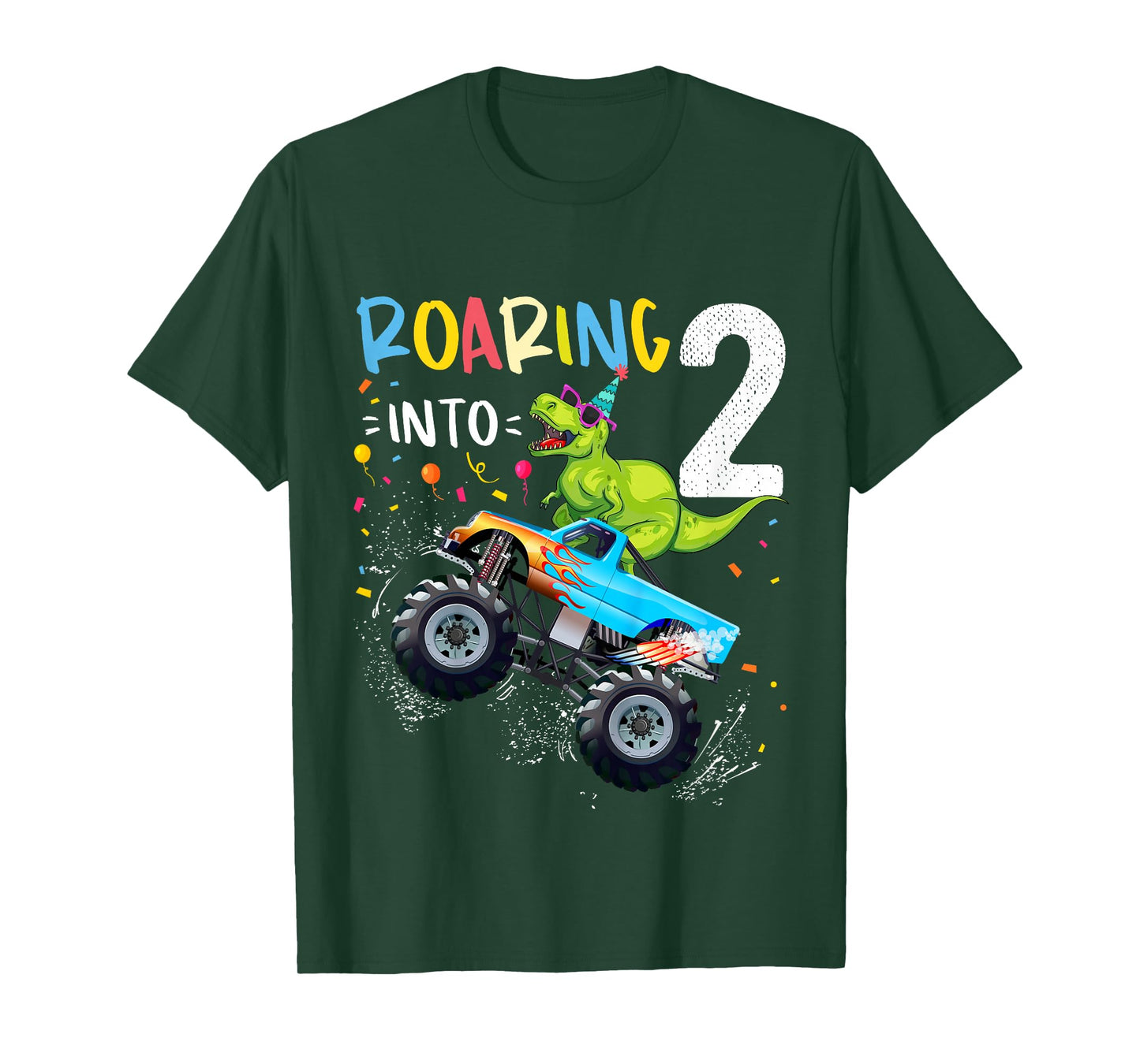 2nd Birthday T Rex Dinosaur Monster Truck Boys and Girls T-Shirt