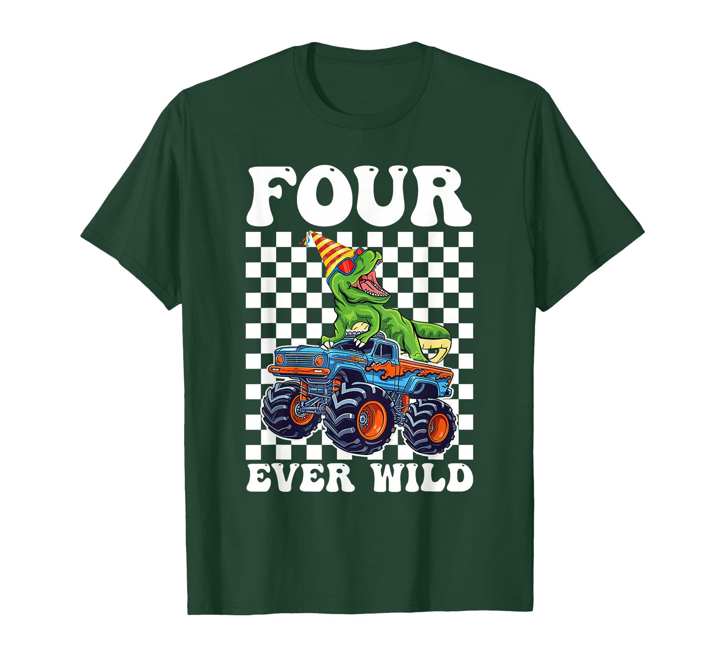 Kids Four Ever Wild Dinosaur Monster Truck 4th Birthday Boy T-Shirt
