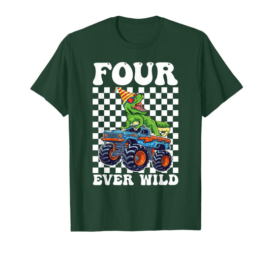 Kids Four Ever Wild Dinosaur Monster Truck 4th Birthday Boy T-Shirt
