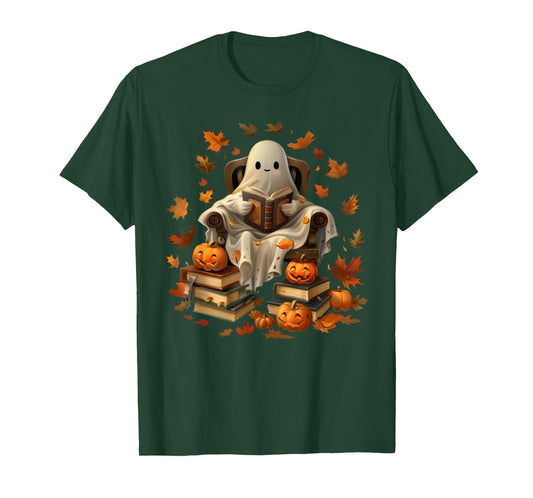 Vintage Ghost Book Reading Pumpkin Gothic Halloween Teachers Men Women Kids T-Shirt