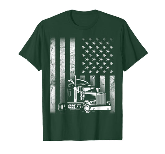 Semi Truck Driver 18 Wheeler Trucker Cool US American Flag T-Shirt