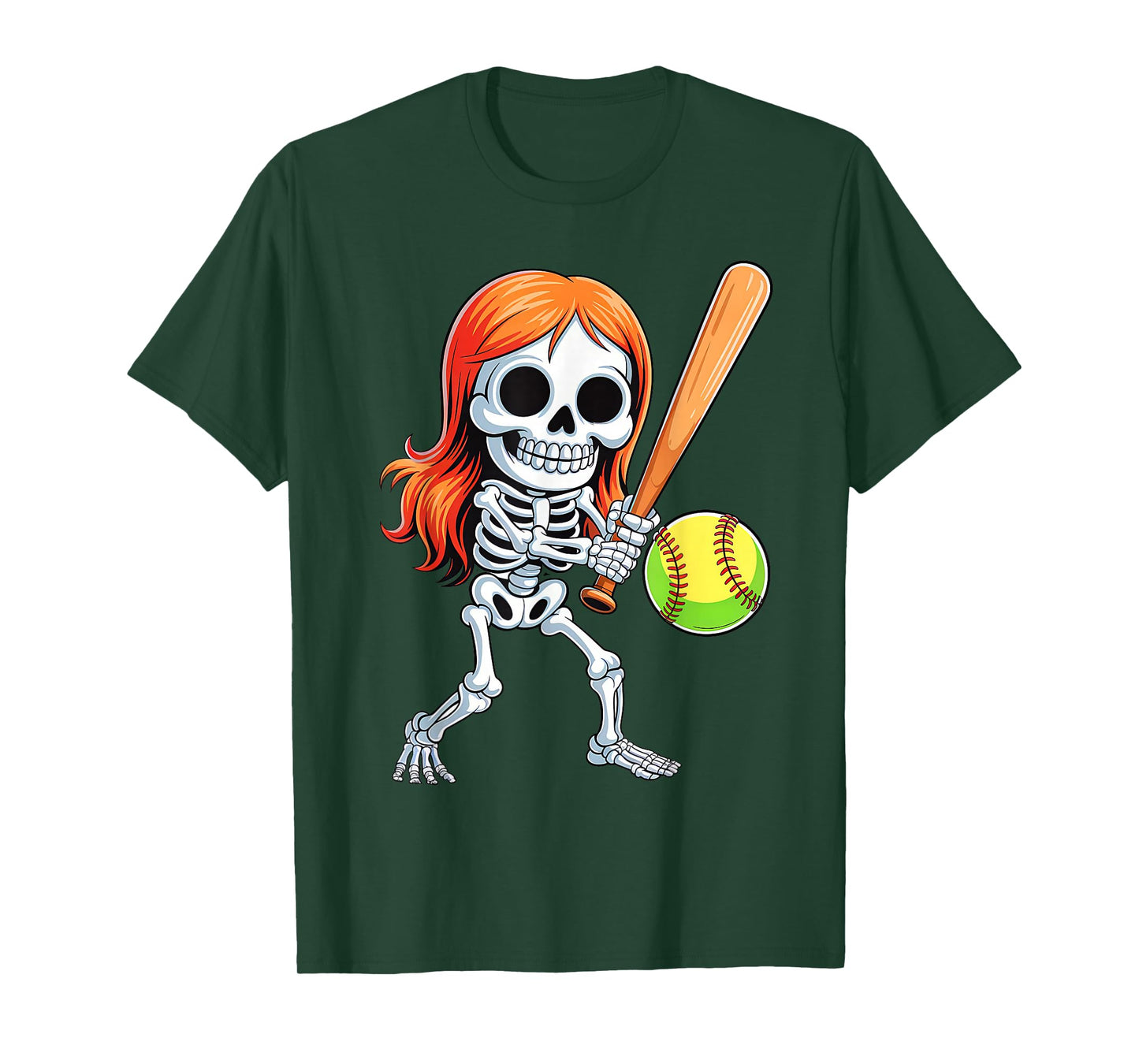 Skeleton Playing Softball Halloween Costume Funny Girls Kids T-Shirt