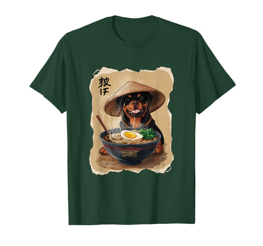 Men Woman Kawaii Eating Ramen Japanese Rottweiler T-Shirt