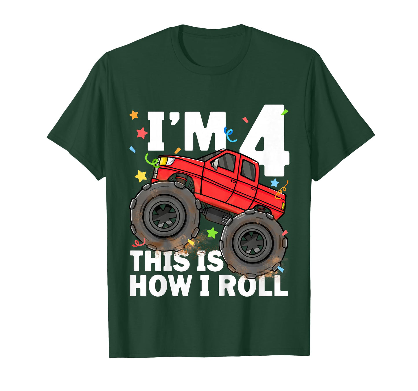 Kids Monster Truck 4th Birthday Boy Toddler 4 Four Year Old T-Shirt