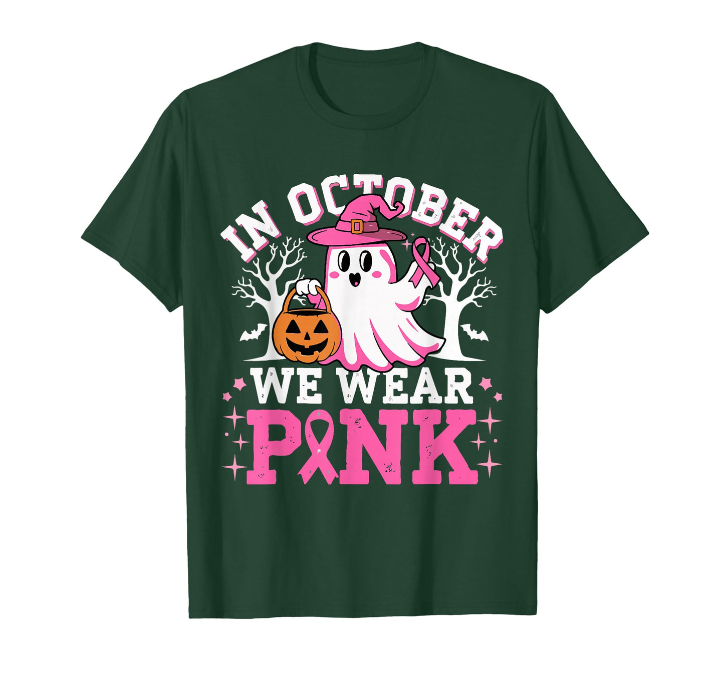 In October We Wear Pink Witch Ghost Halloween Breast Cancer T-Shirt