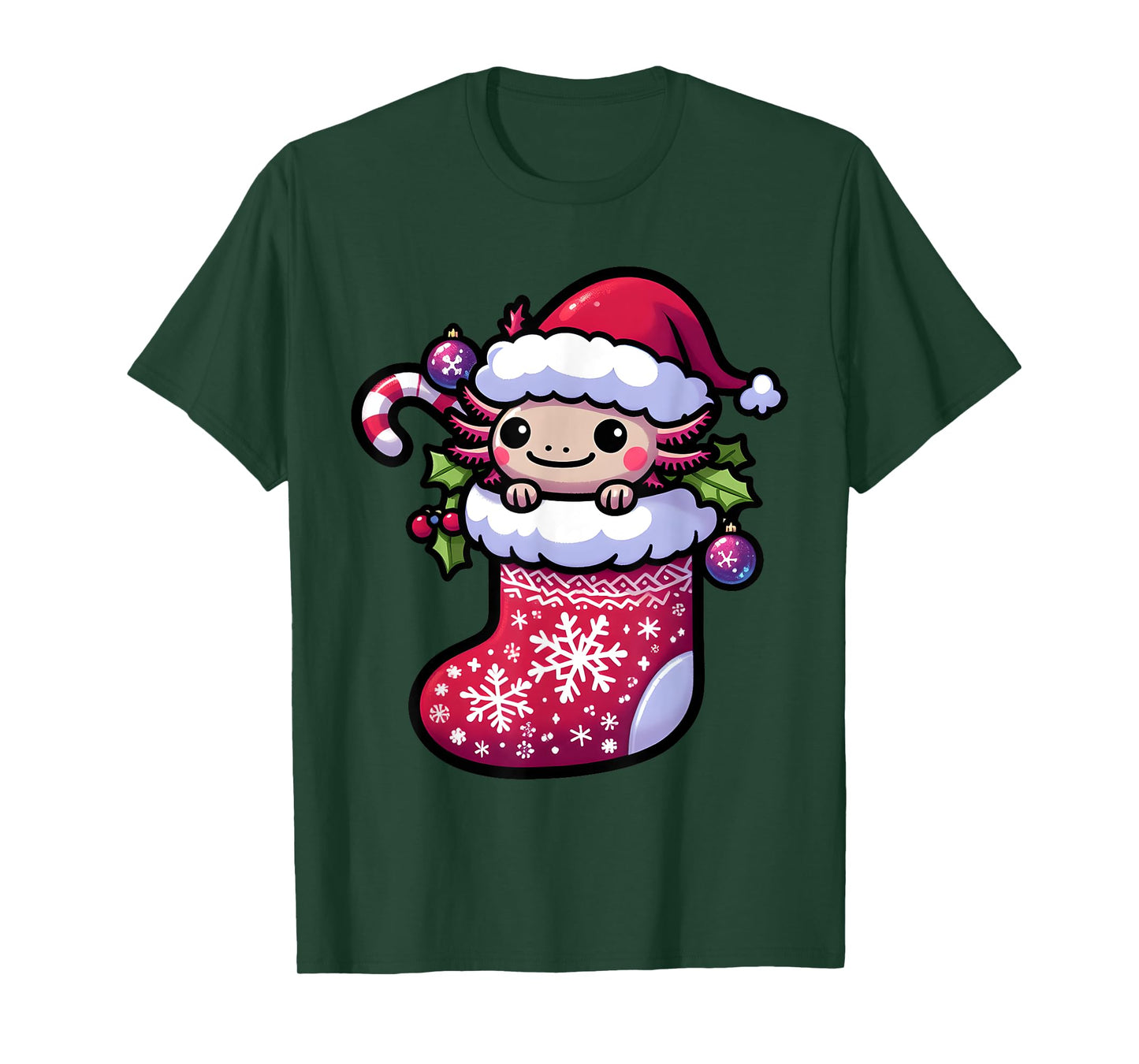 Cute Christmas Candy Cane Santa Axolotl in Xmas Stocking T-Shirt