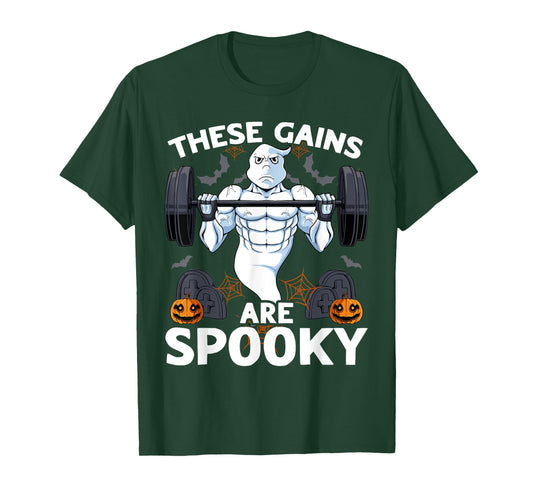 Mens The Gains Are Spooky Halloween Scary Ghost Weightlifting Gym T-Shirt
