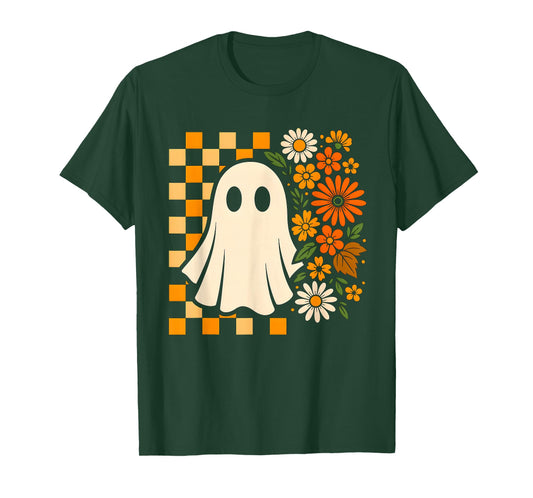 Retro Ghost with Flowers Halloween Icons Fall Design T-Shirt