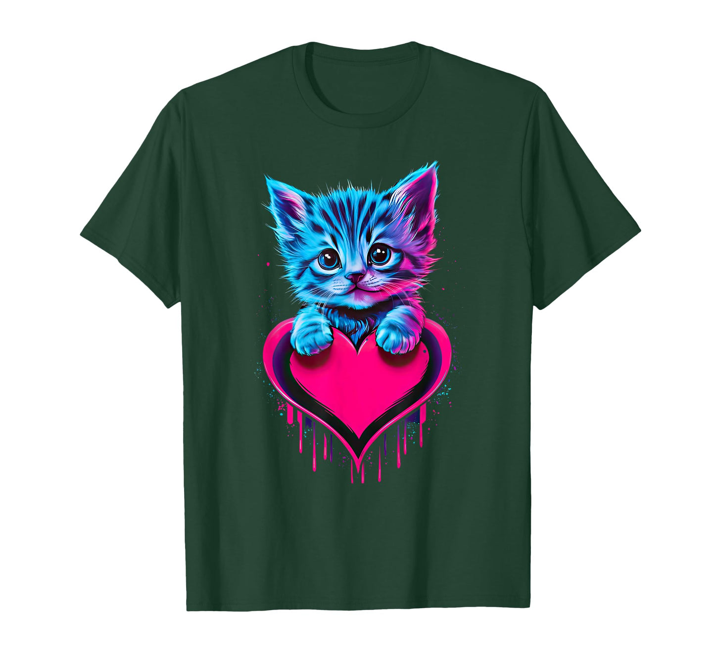 Funny Blacklight Glitch Art Cute Cat Kitten Valentine Heart Men Women Girls Kids T-Shirt