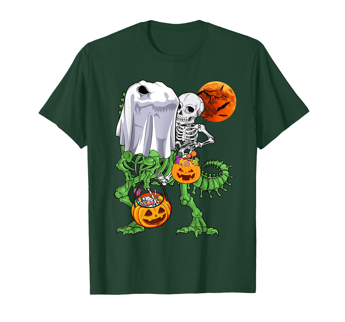 Skeleton Riding Mummy Dinosaur T rex Halloween Funny Pumpkin T-Shirt
