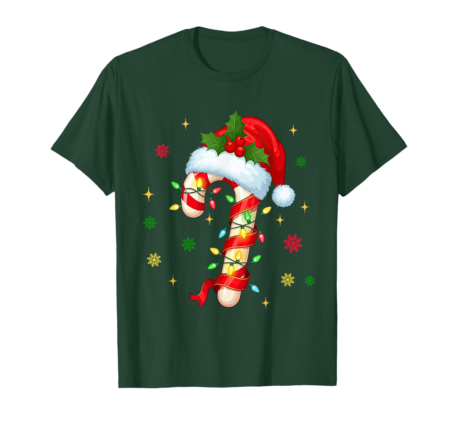 Candy Cane Christmas Lights Santa Hat Xmas Crew Women Girls T-Shirt
