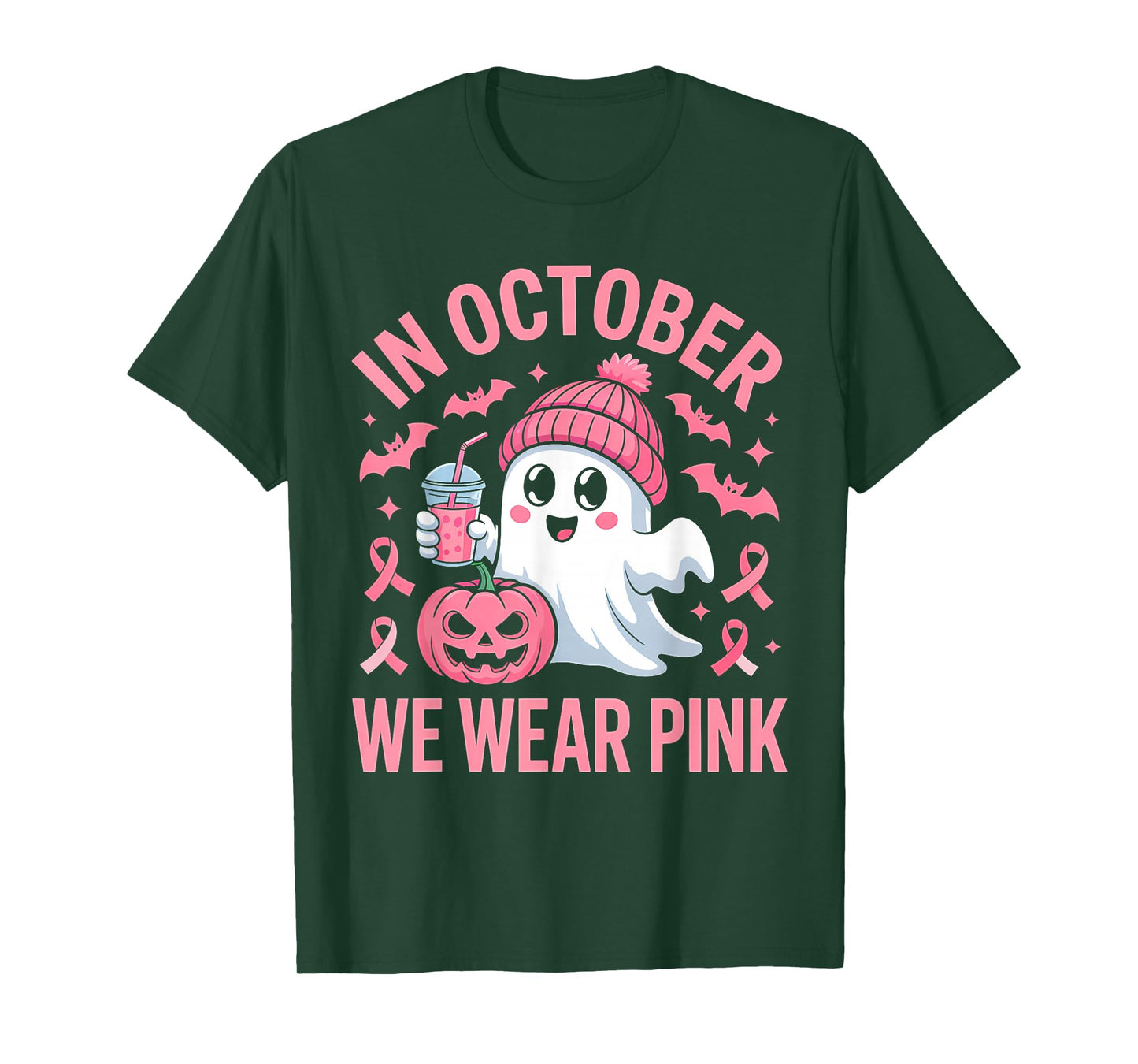 in October We Wear Pink Cute Ghost T-Shirt