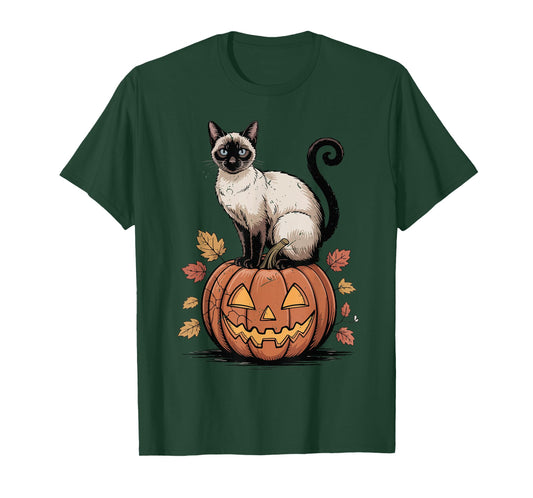 Vintage Siamese Cat Pumpkin Halloween Women Funny Mom Dad T-Shirt