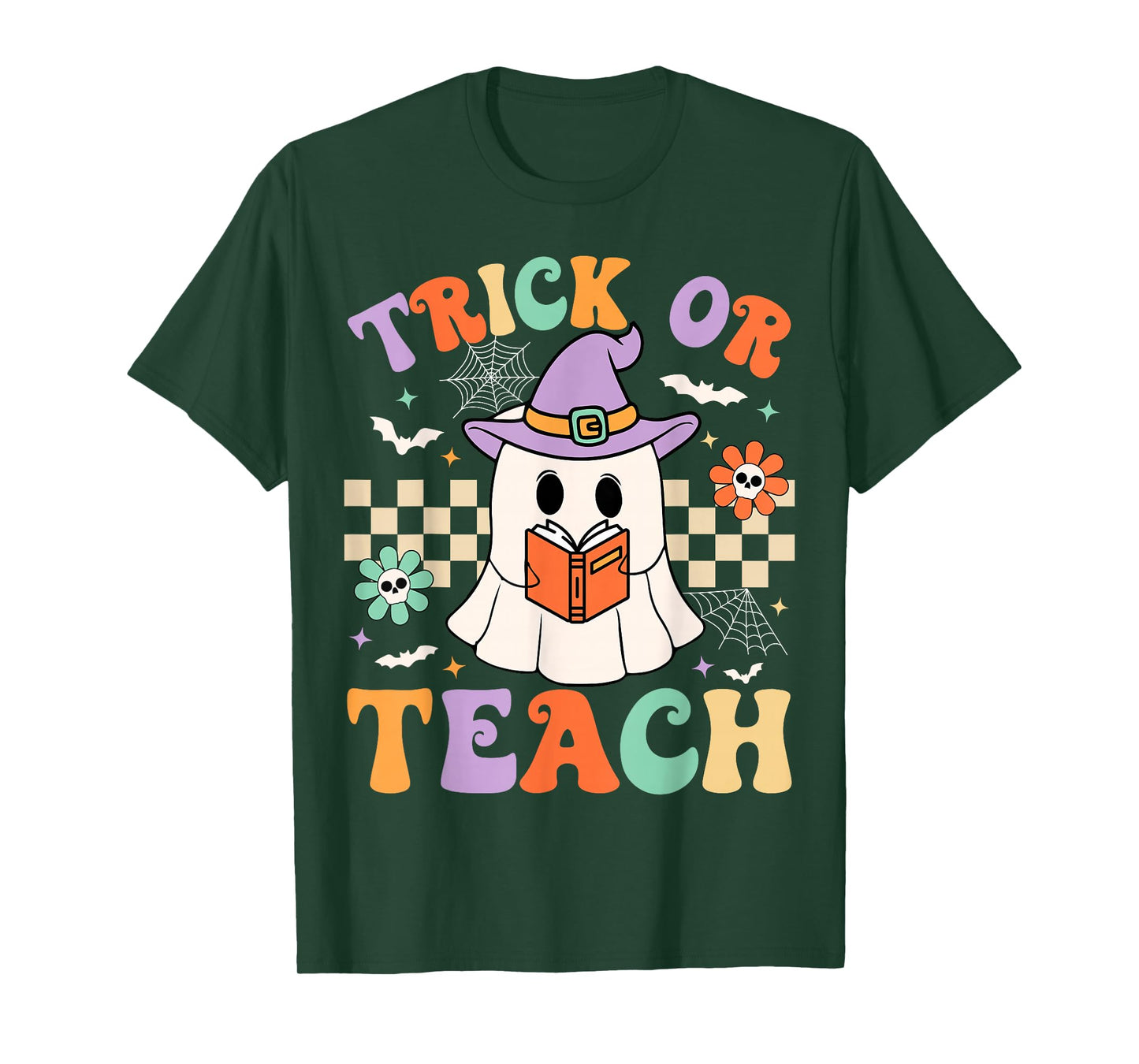 Trick Or Teach Groovy Teacher Halloween Retro Floral Ghost T-Shirt
