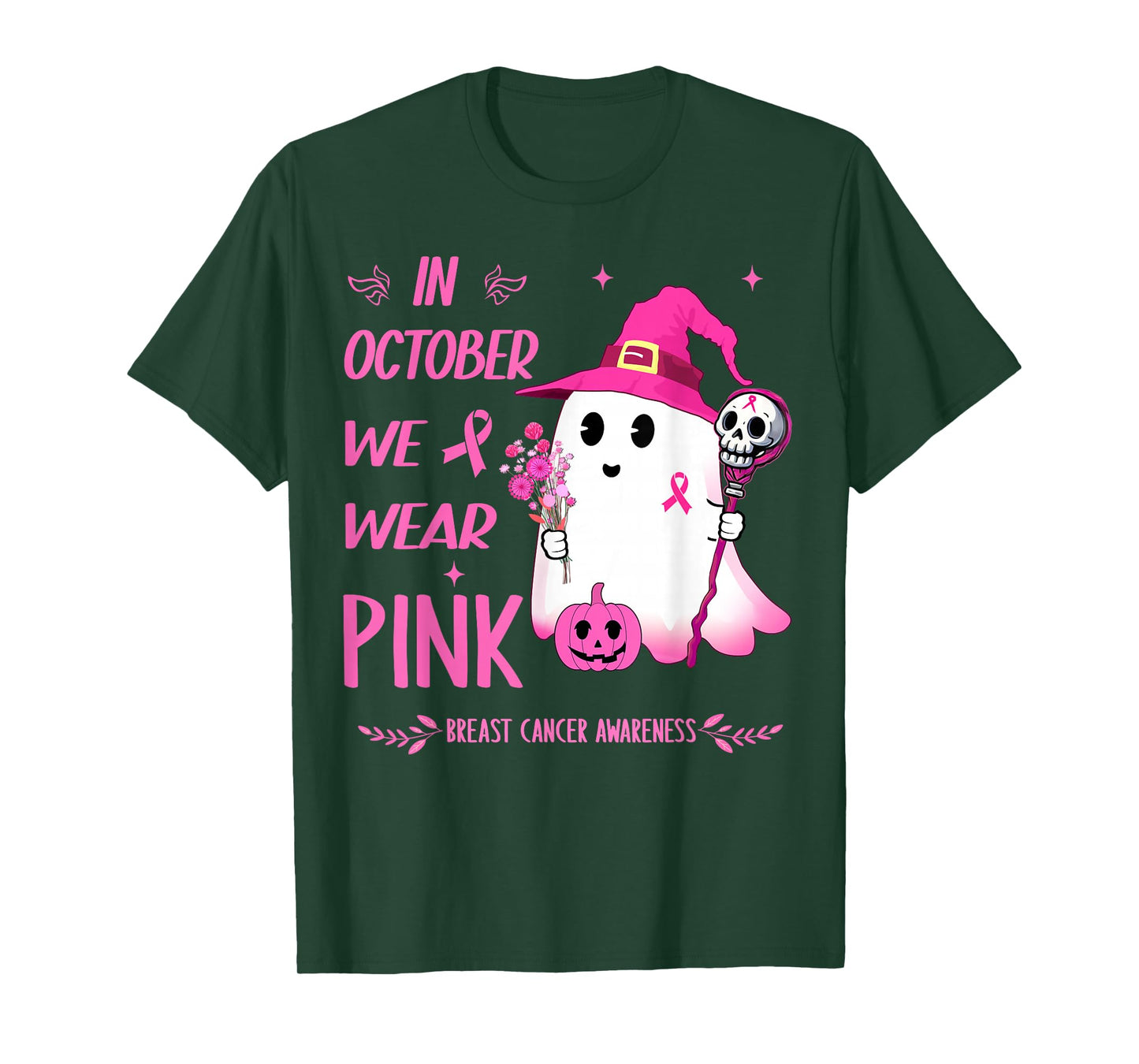 In October We Wear Pink Breast Cancer Awareness Ghost Witch T-Shirt