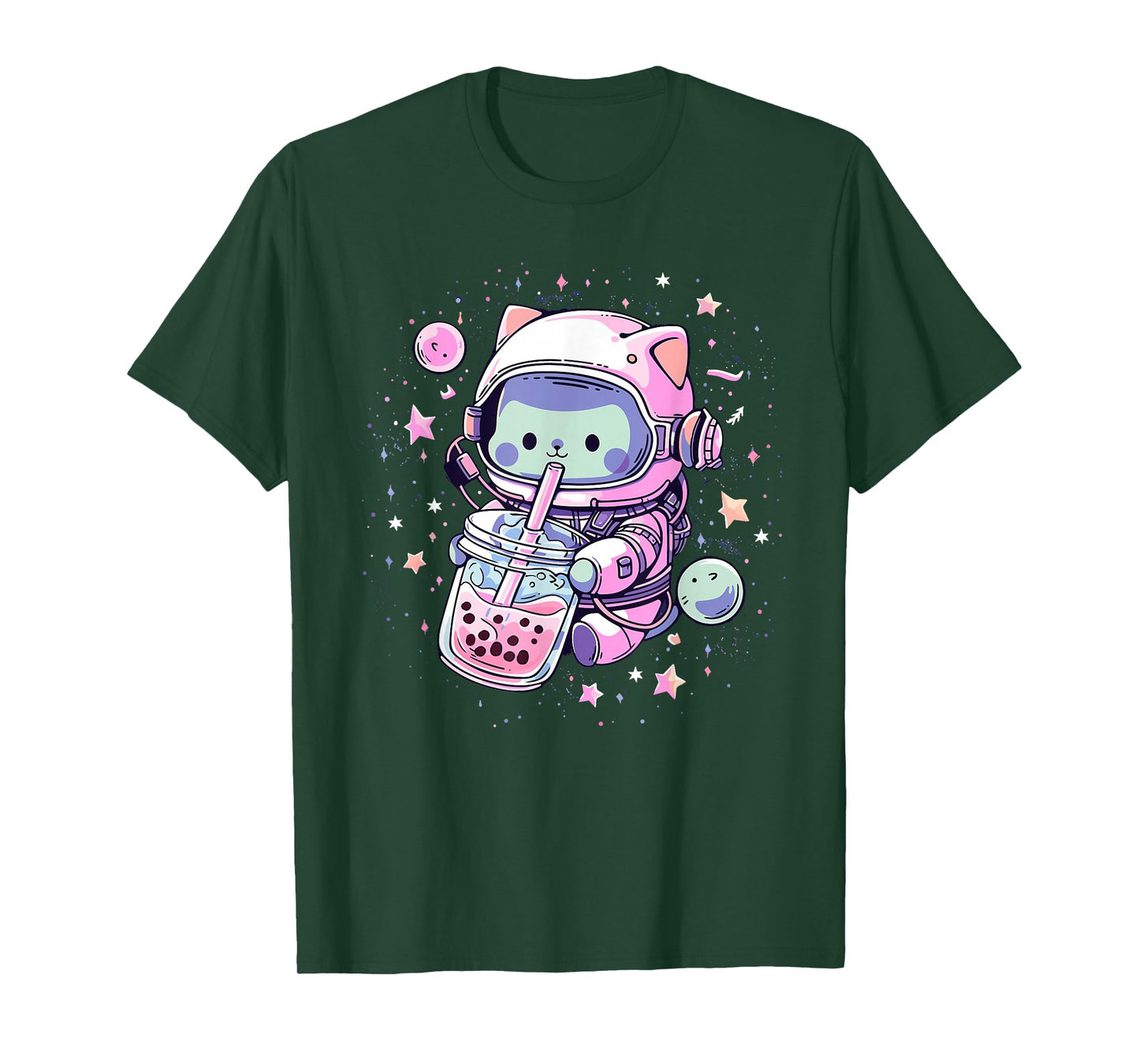 Kawaii Cat Bubble Boba Tea in Space Astronaut Anime Girls T-Shirt
