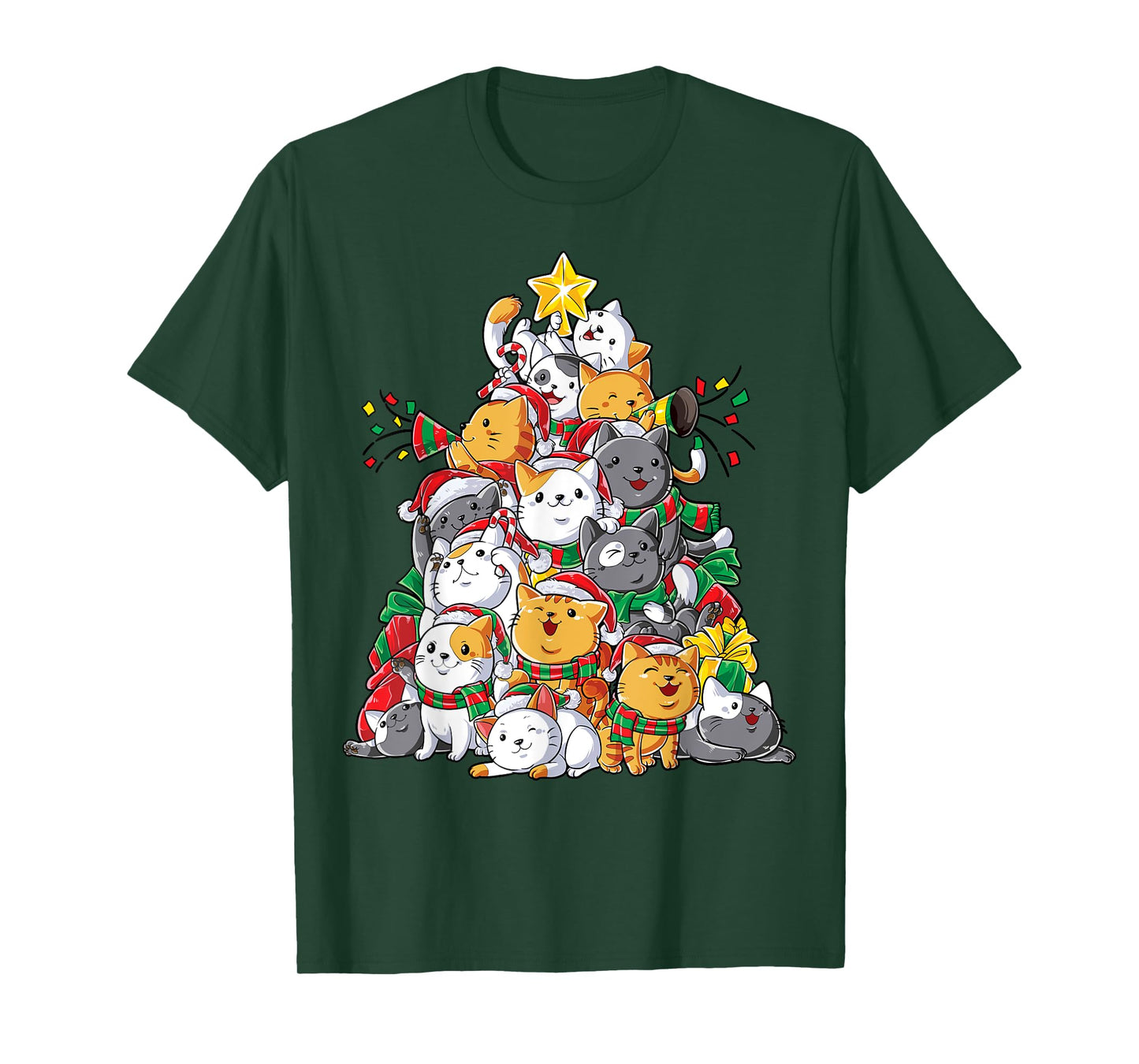 Cat Christmas Tree Xmas Girls Boys Funny Meowy Catmas Santa Short Sleeve, T-Shirt