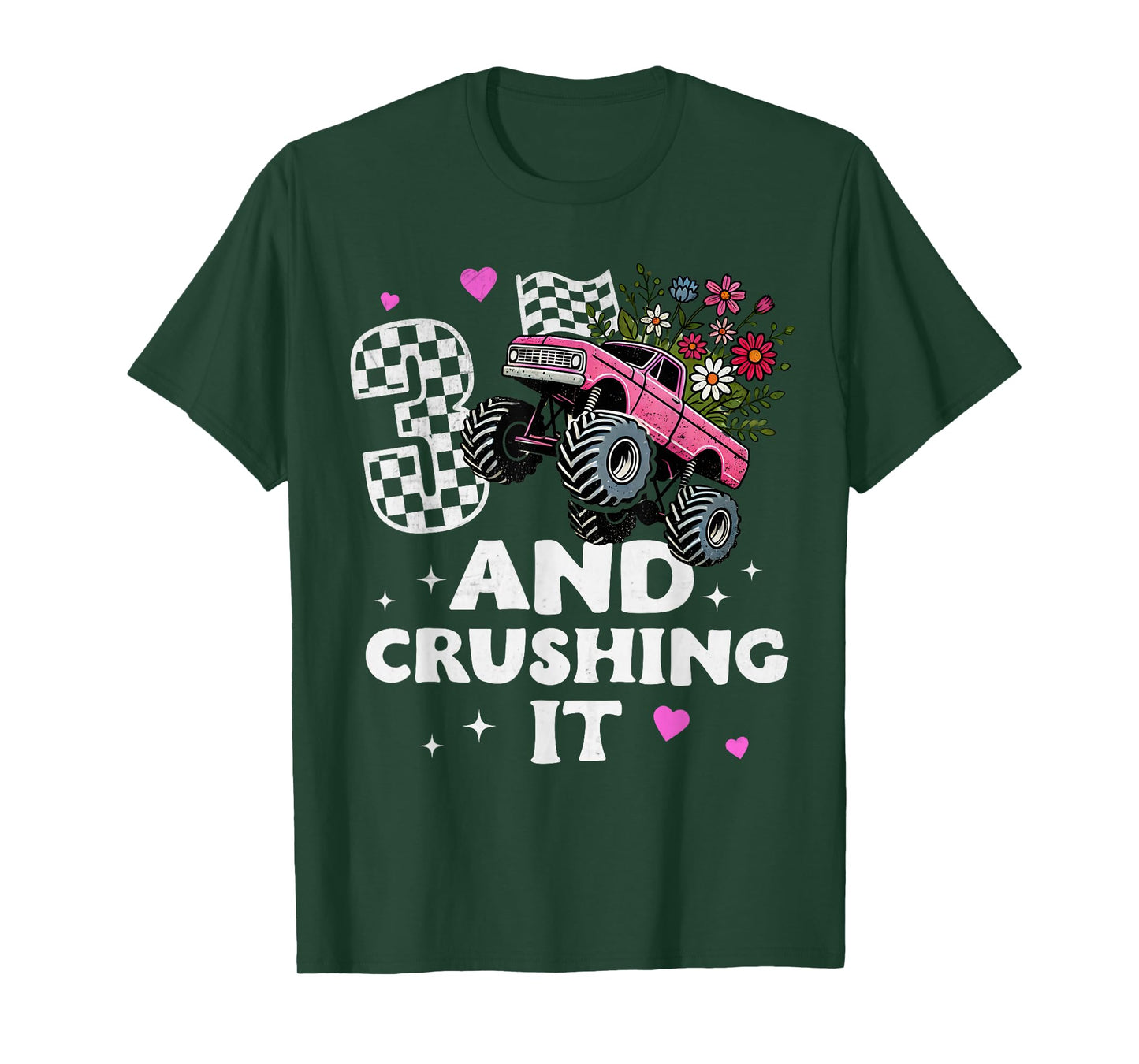 Checkered Girls Monster Truck 3rd Birthday Party Three Kids T-Shirt