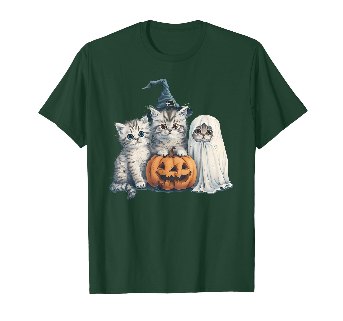 Cute Halloween Kitten Witch and Ghost T-Shirt