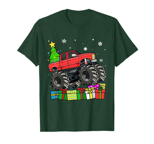 Kids Boys Christmas Monster Truck Kids Merry Christmas Tree T-Shirt