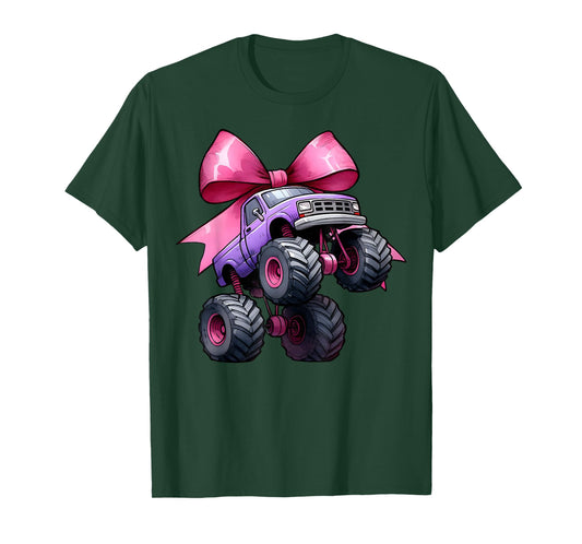 Coquette Bow Monster Truck Mothers Day Pink Ribbon Mom Girl T-Shirt