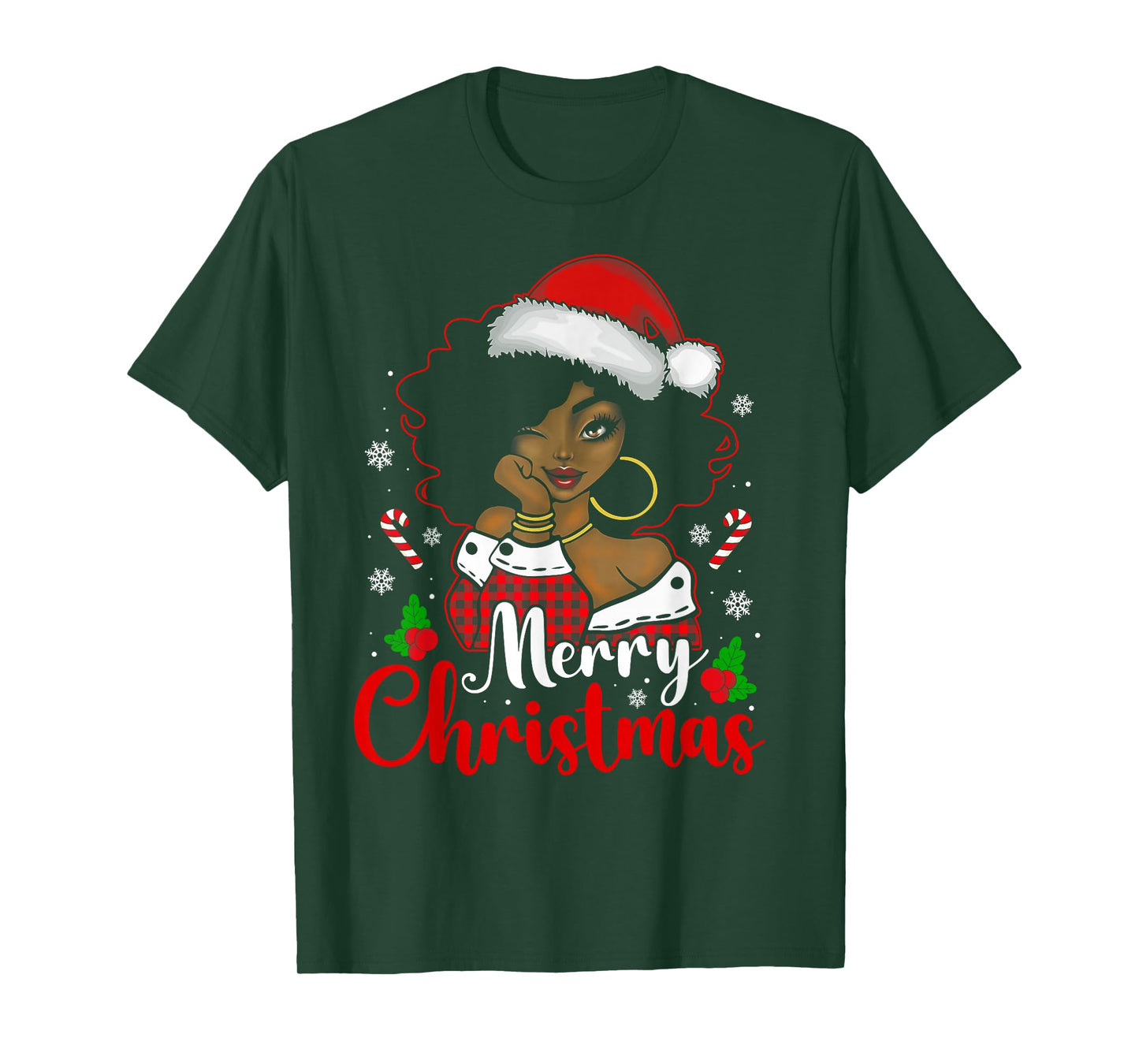 Merry Christmas Black African Girl Santa Hat Xmas Pajamas T-Shirt