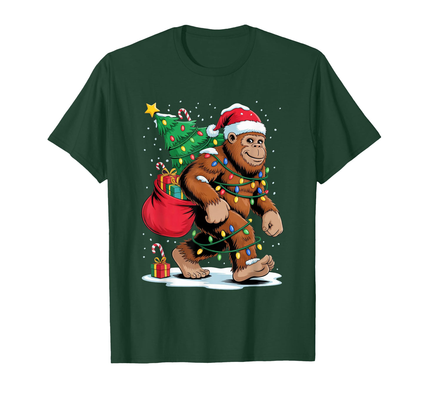 Funny Bigfoot Christmas Tree Lights Santa Sasquatch Shirt T-Shirt