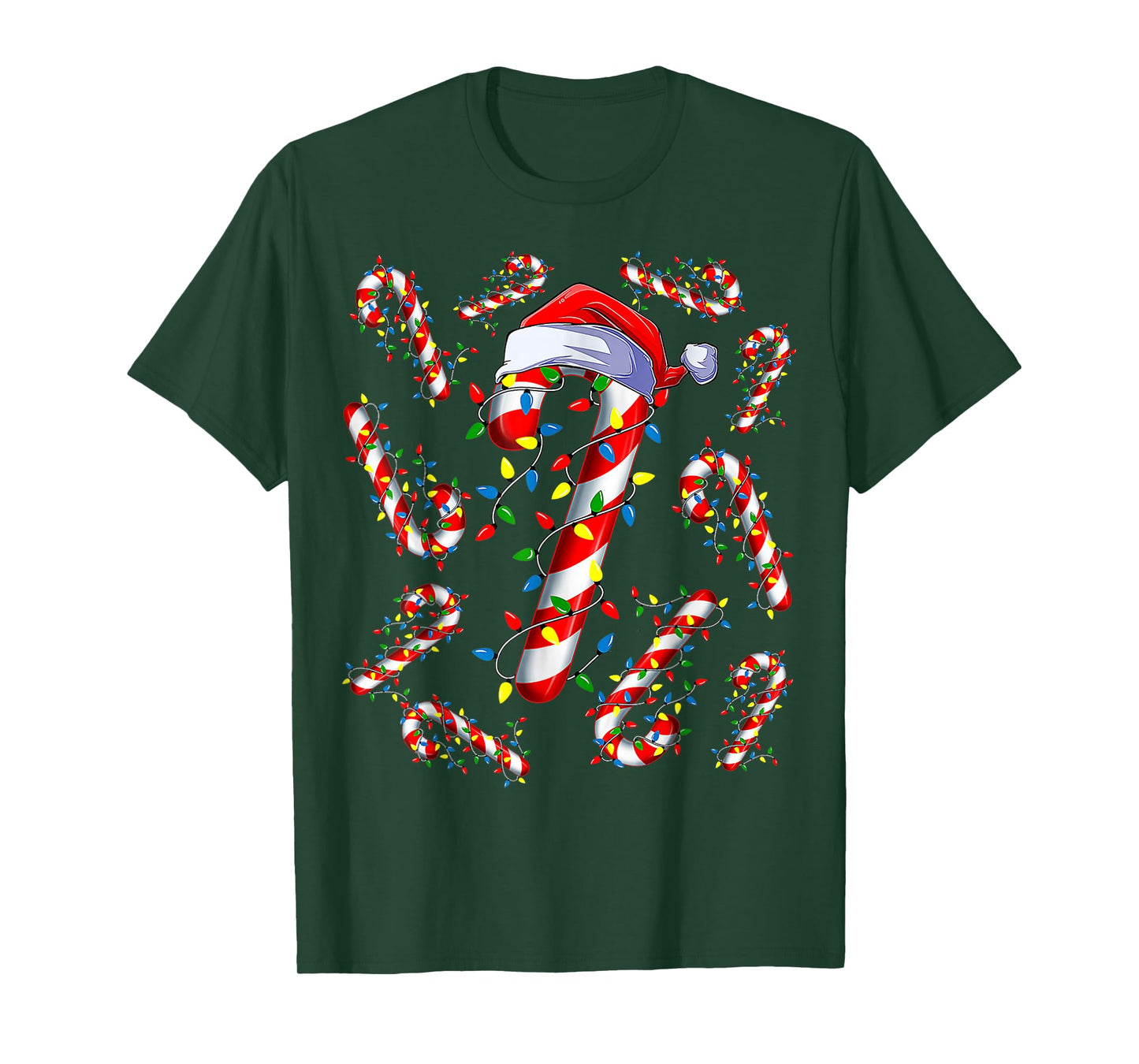 Red and White Candy Cane Santa Christmas Funny Xmas Lights T-Shirt