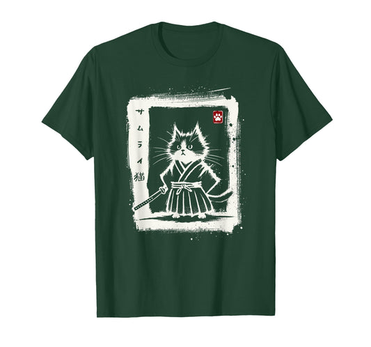 Samurai Cat Japanese Art Sumi-e Novelty Kawaii Funny Cat T-Shirt