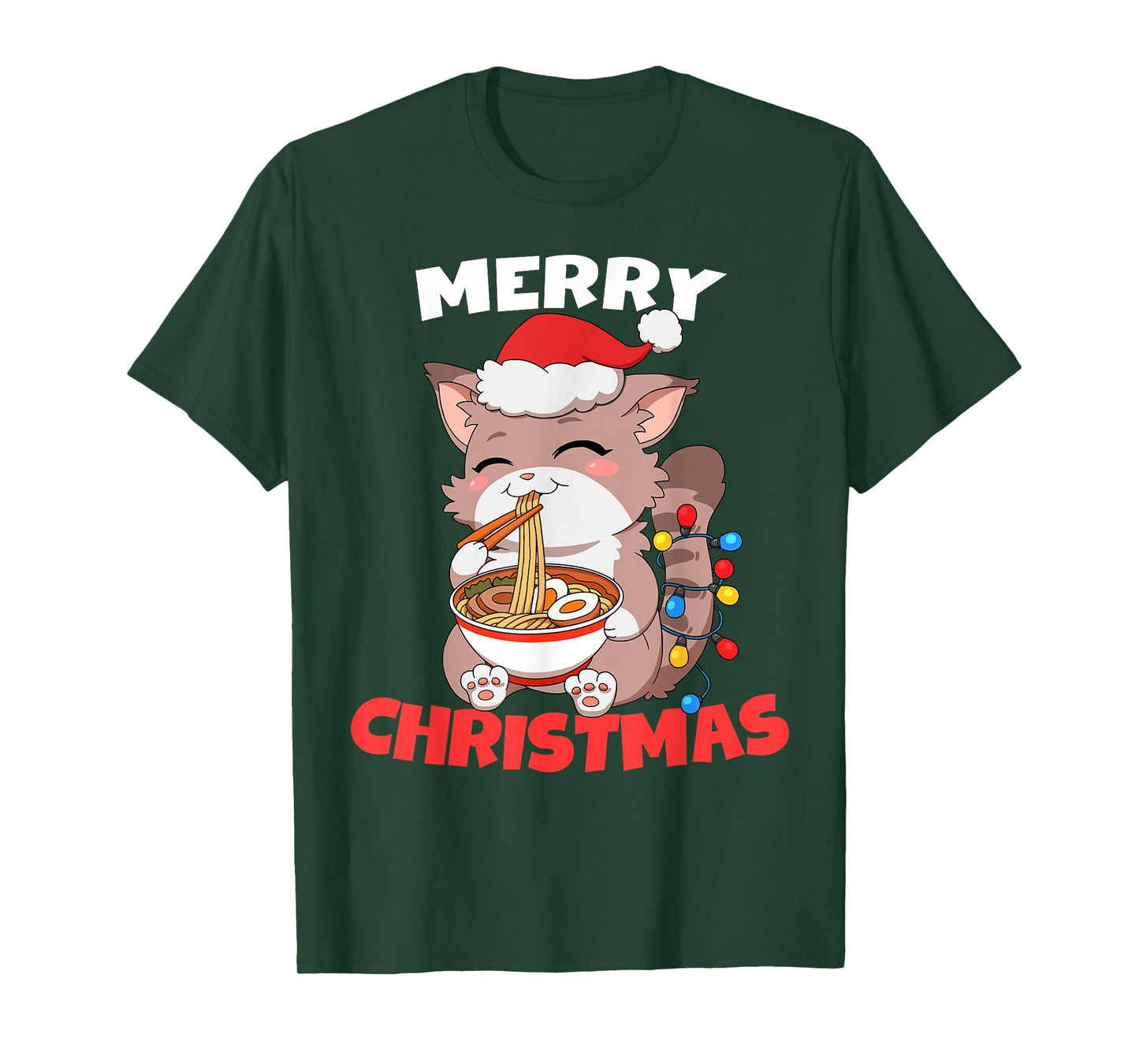 Merry Christmas Anime Kawaii Cat Ramen Xmas Lights T-Shirt