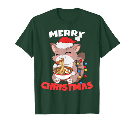 Merry Christmas Anime Kawaii Cat Ramen Xmas Lights T-Shirt