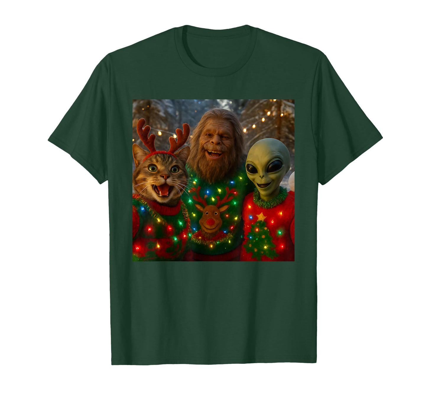 Funny Christmas Cat Selfie with Bigfoot Alien Ugly Sweater T-Shirt