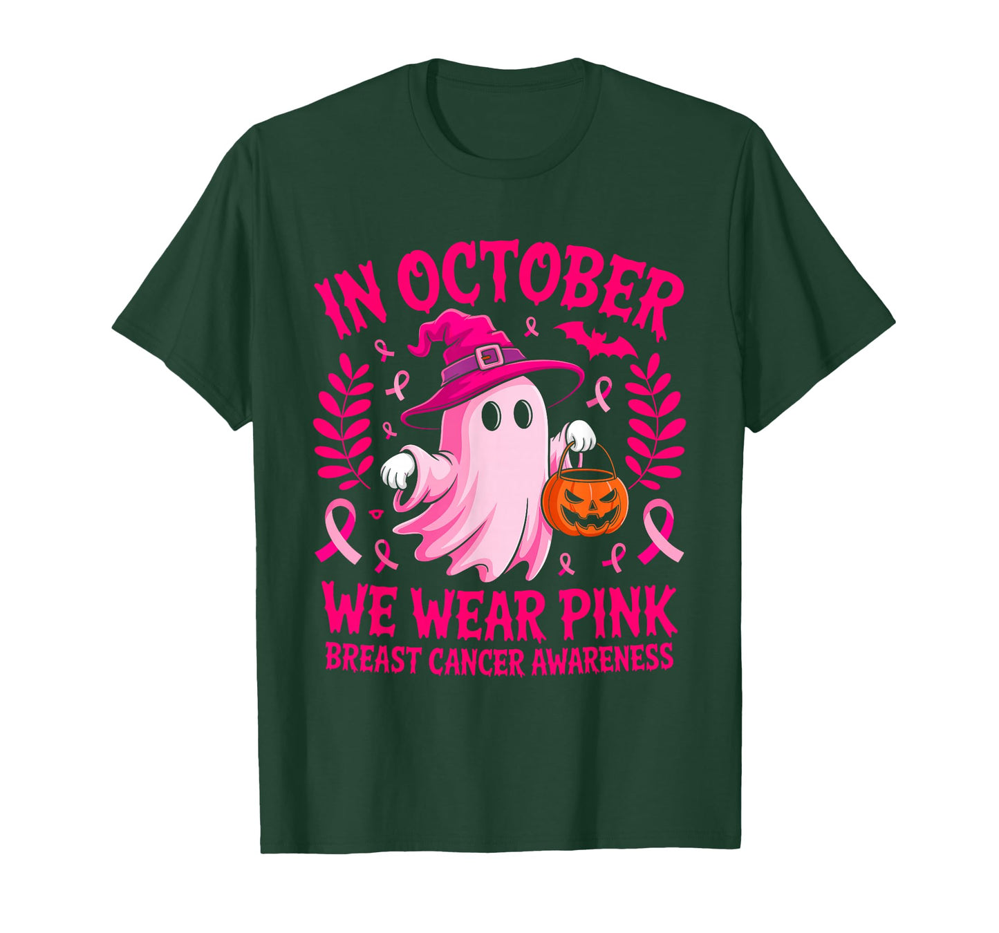 in October We Wear Pink Ghost Halloween Awareness for Women T-Shirt