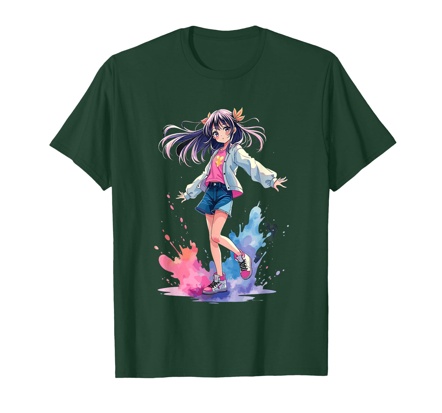 Anime Splash Girl Watercolor Art T-Shirt