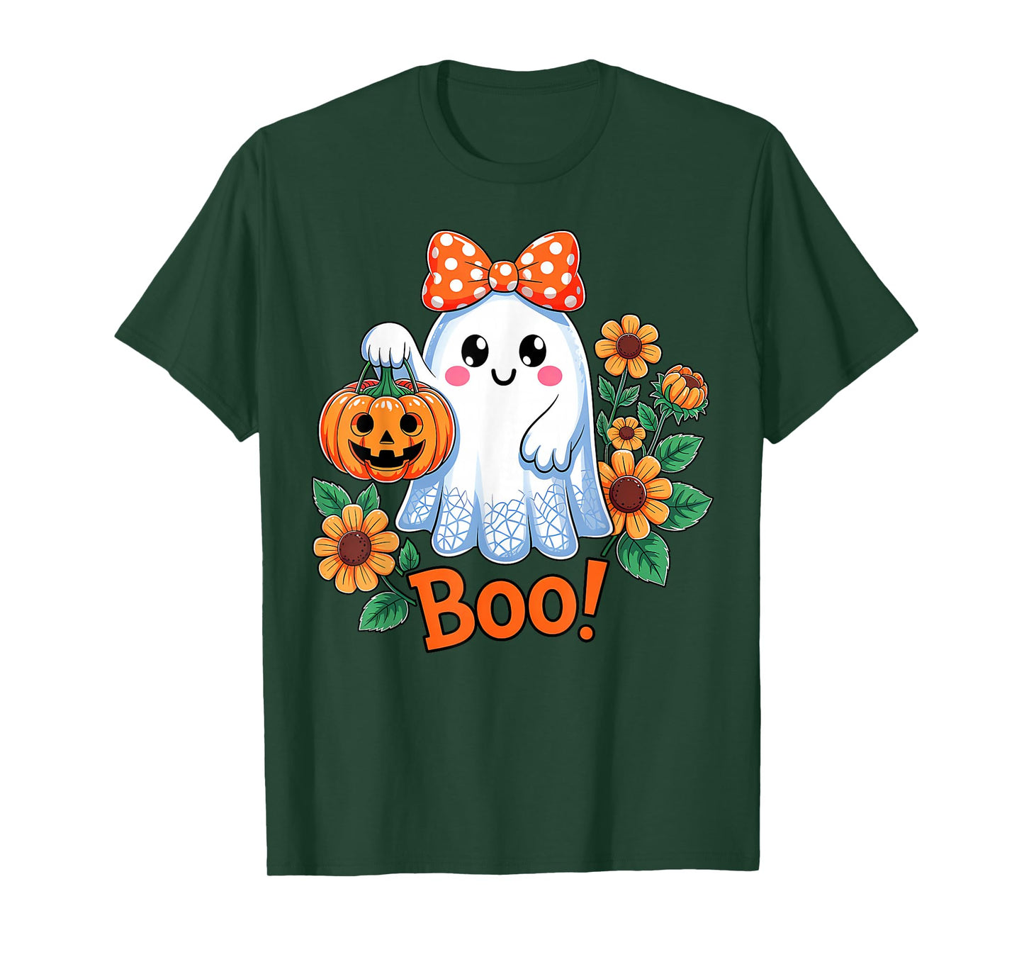 Retro Floral Boo Ghost Pumpkin Bow Halloween Women Girls T-Shirt