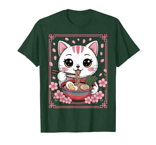 Kawaii Cat Eating Ramen Noodles Japanese Anime Girls Teens T-Shirt
