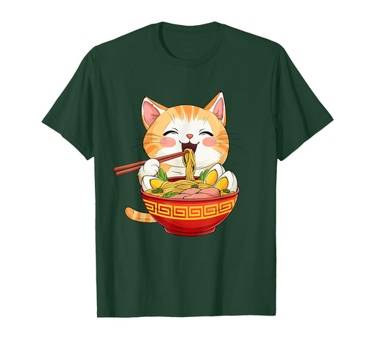 Japan Cat Eating Ramen Noodle – Kawaii Anime Style T-Shirt