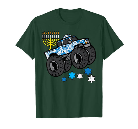 Hanukkah Monster Truck Menorah Chanukah Jewish Boys Kids T-Shirt