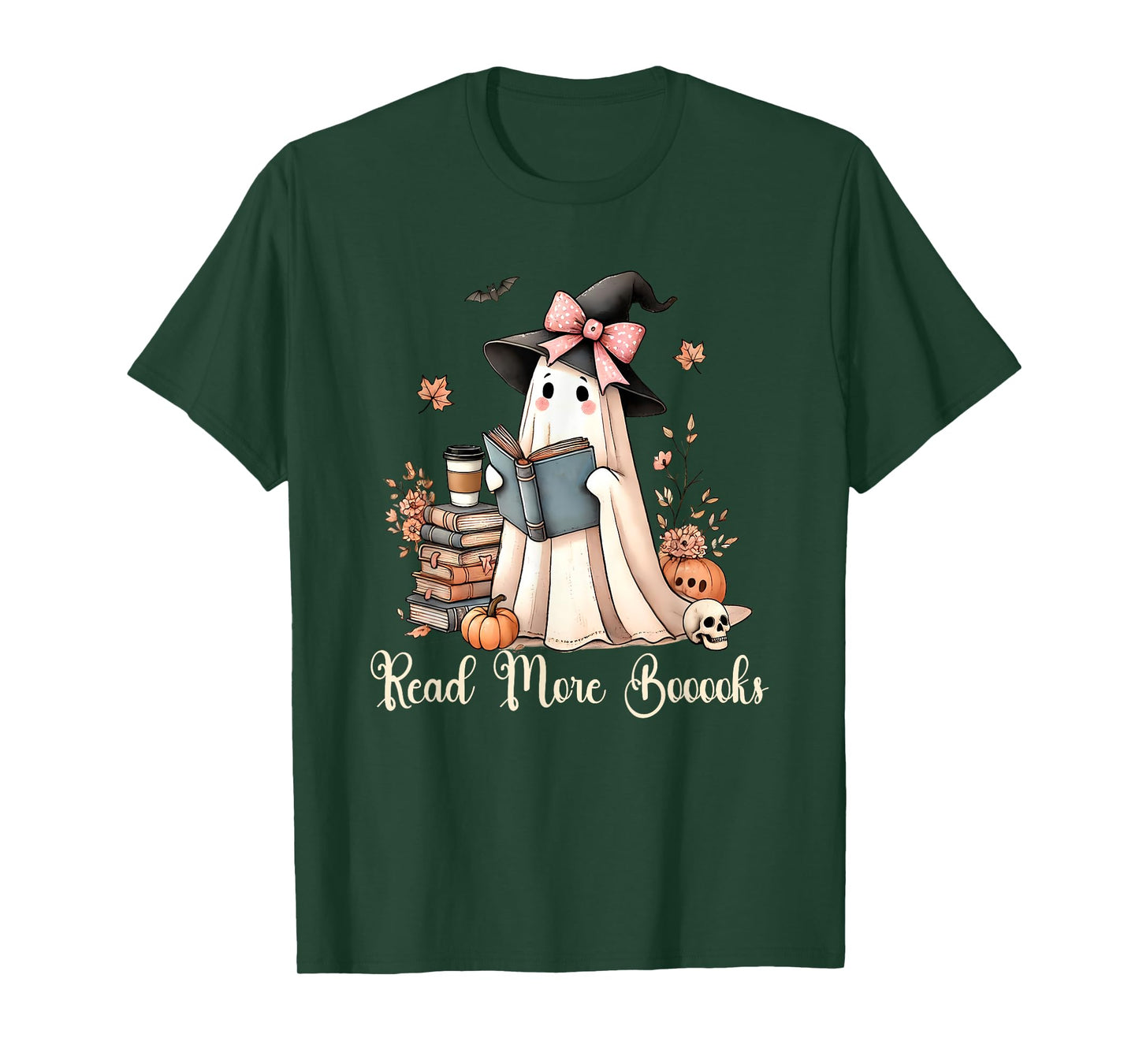 Ghost Reading Book Coquette Bow Halloween Girl Kid Teacher T-Shirt