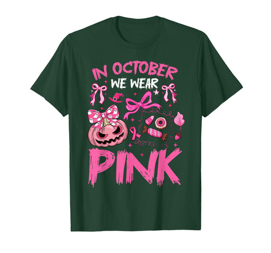 in October We Wear Pink Halloween Breast Cancer Awareness T-Shirt
