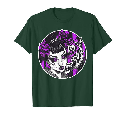 Kawaii Anime Geisha With Tiger Bliss For Otaku Enthusiasts T-Shirt