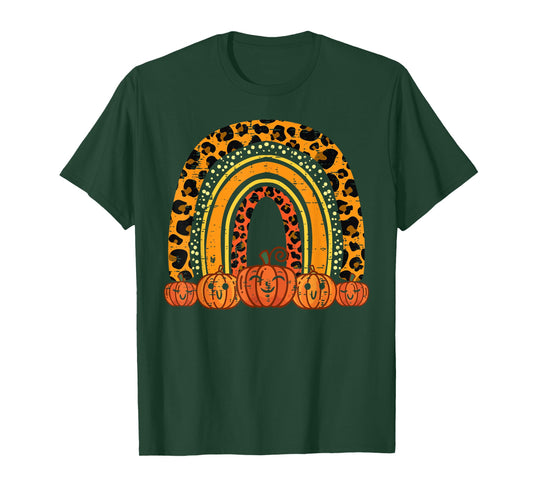 Leopard Rainbow Pumpkins Retro Halloween Costume Women Girls T-Shirt