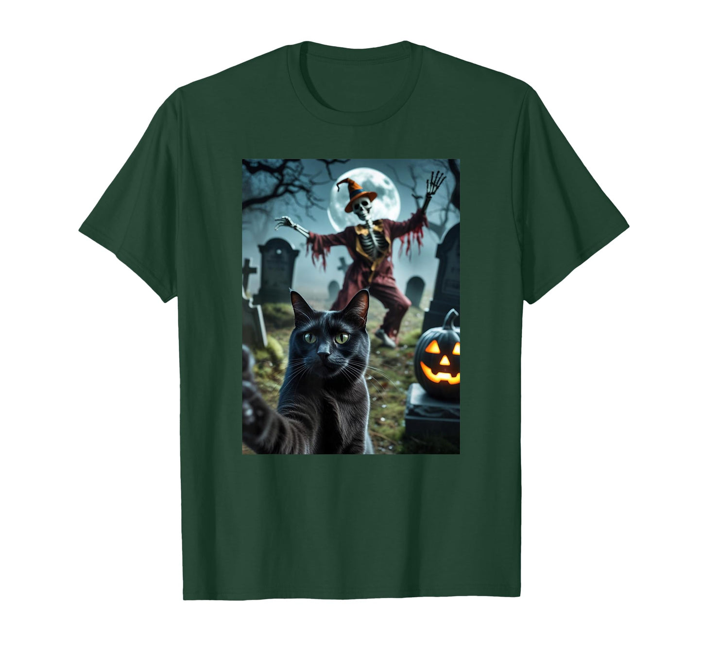 Funny Cat Selfie with Skeleton Scary Halloween Meme T-Shirt