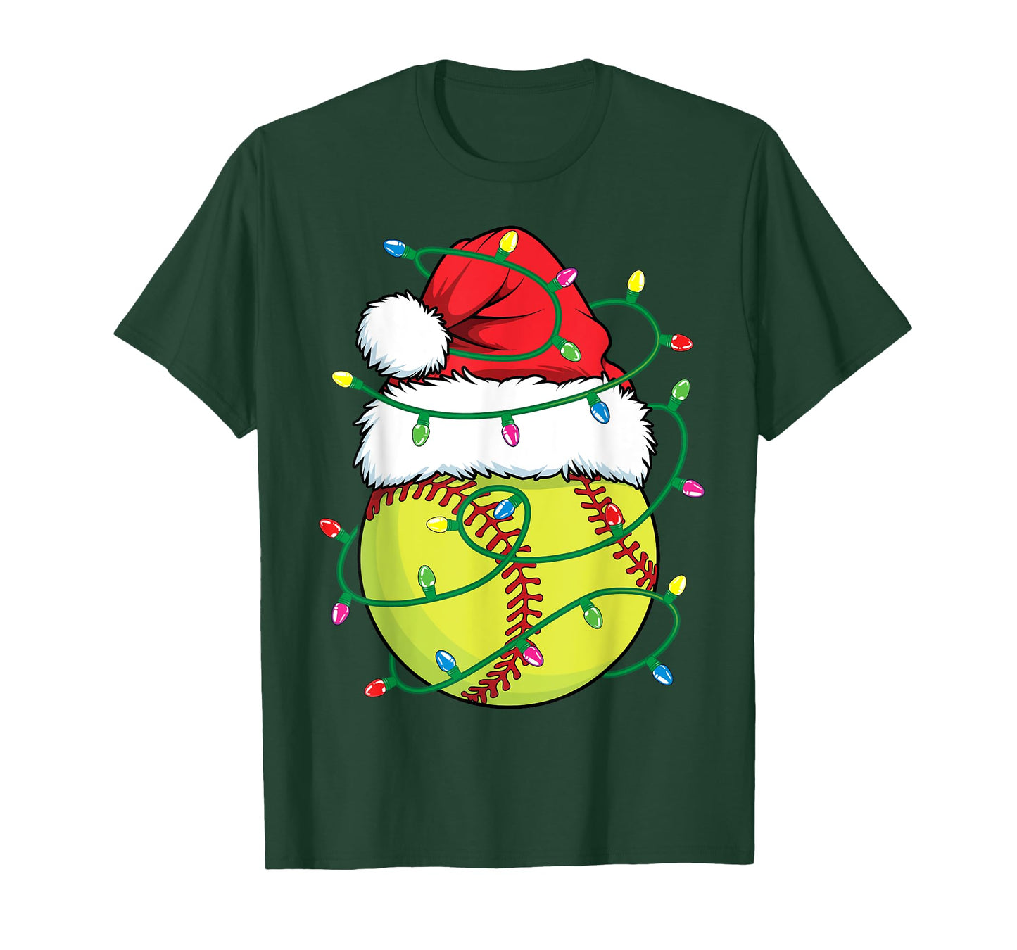 Softball with Santa Hat Men Boys Girls Christmas Xmas Lights T-Shirt