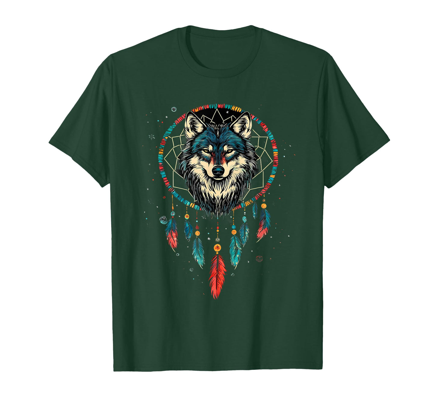 Dreamcatcher Wolf Native American Feather Headdress T-Shirt