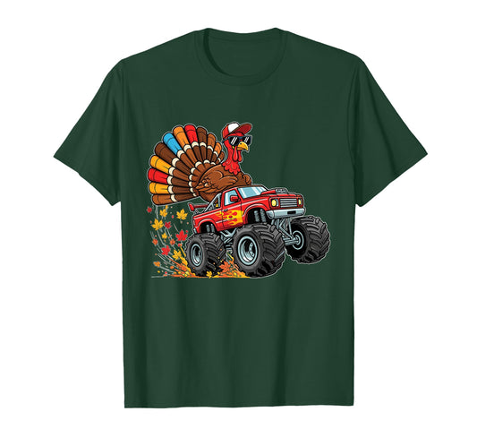 Kids Monster Truck with Turkey Boys Thanksgiving T-Shirt
