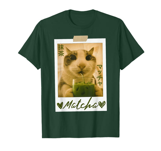 Funny Cat Drinking Matcha Cute Japanese Anime Cat Graphic T-Shirt