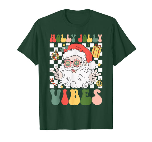 Retro Groovy Holly And Jolly Vibes Peace Santa Xmas Lights T-Shirt