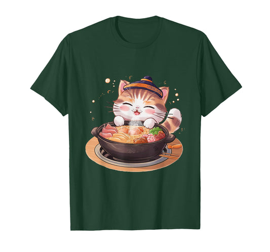 Kawaii Anime Cat Hot Pot Bowl Cute Feline Eats Chinese Food Men Women Kids T-Shirt